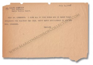 A Marilyn Monroe Telegram, Sent to Dr. Ralph Greenson