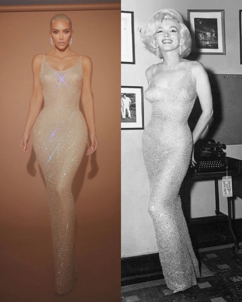 Left: Kim Kardashian in the dress. Right: Marilyn Monroe in the dress.
