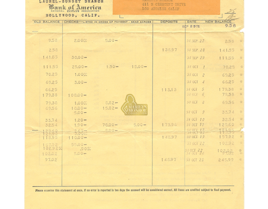 Marilyn Monroe’s Personal Bank of America Statement, September–October 1951