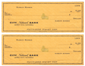 Marilyn Monroe Personal Blank Bank Checks, City National Bank