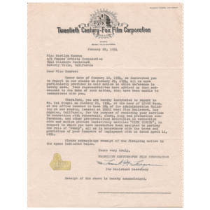 Letter to Marilyn Monroe from Fox Executive Frank H. Ferguson