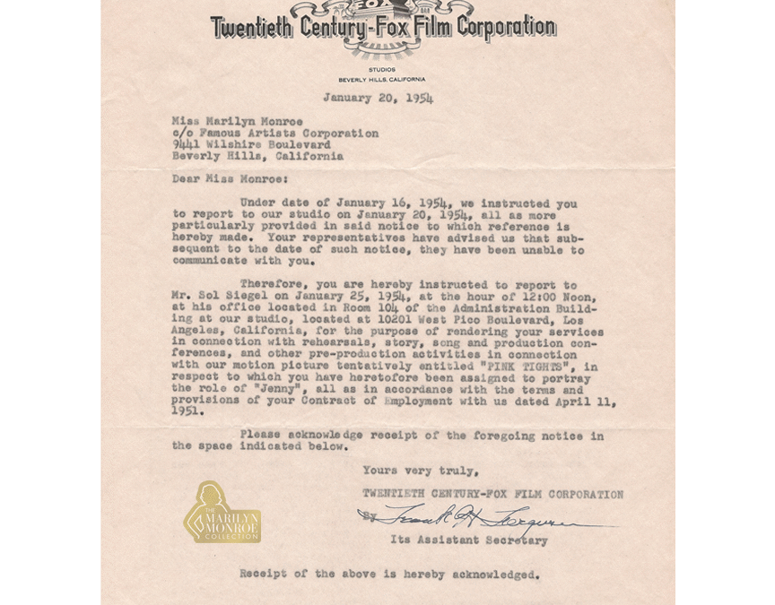 Letter to Marilyn Monroe from Fox Executive Frank H. Ferguson