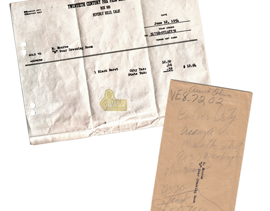 Marilyn Monroe’s Personal Annotated Envelope and a Black Beret Receipt, 1954