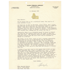 Letter to Marilyn Monroe from Talent Agent Hugh French