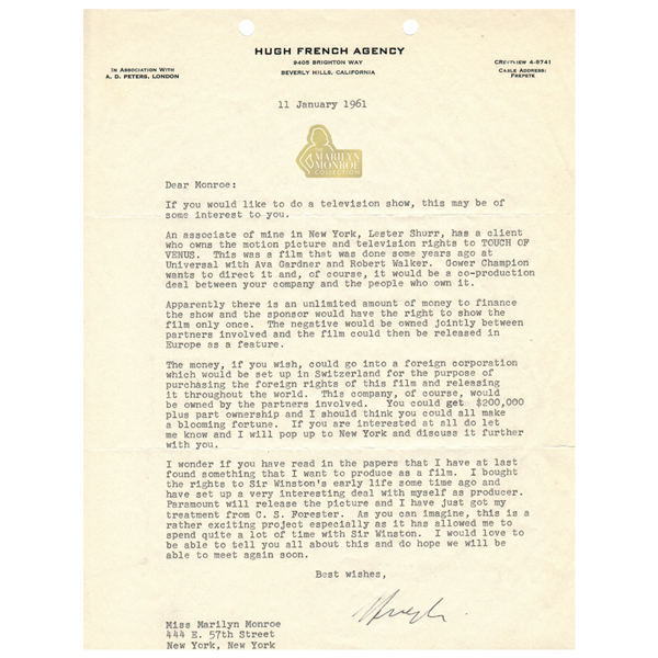 Marilyn Monroe Letter One Touch of Venus