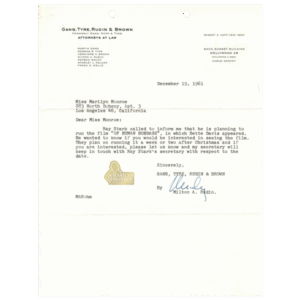 Letter to Marilyn Monroe from Attorney Milton Rudin