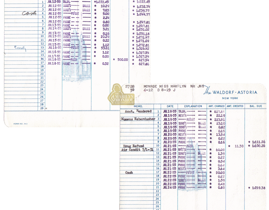Marilyn Monroe’s Personal Waldorf-Astoria Hotel Invoices, 1955