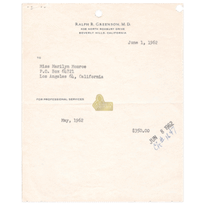 Marilyn Monroe’s Personal Invoice From Psychiatrist Dr. Ralph Greenson, June 1, 1962