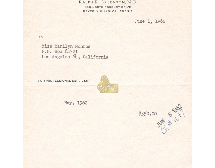 Marilyn Monroe’s Personal Invoice From Psychiatrist Dr. Ralph Greenson, June 1, 1962