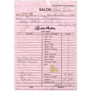 Marilyn Monroe Signed Elizabeth Arden Salon Receipt