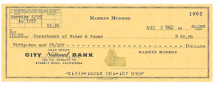 Marilyn Monroe Unsigned Personal Bank Check, Brentwood Residence, August 3 1962
