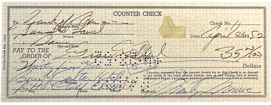 Marilyn Monroe’s Signed Personal Bank Check to Grace Goddard, April 26, 1952