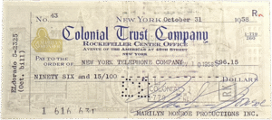 Marilyn Monroe Production’s Signed Check to New York Telephone Company, October 31, 1958