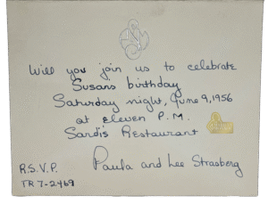 Invitation to Marilyn Monroe for Susan Strasberg’s Birthday Party