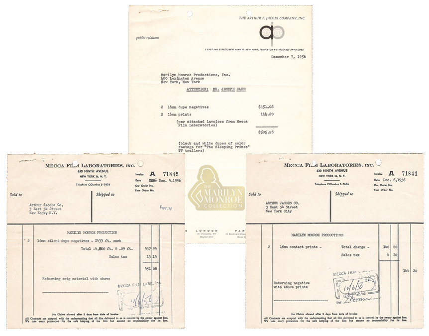 Marilyn Monroe’s Personal Invoices from Arthur P. Jacobs,  1956