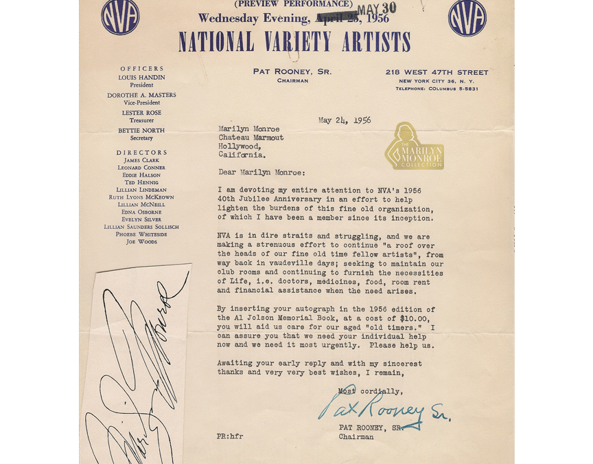 Letter to Marilyn Monroe from Pat Rooney, SR.