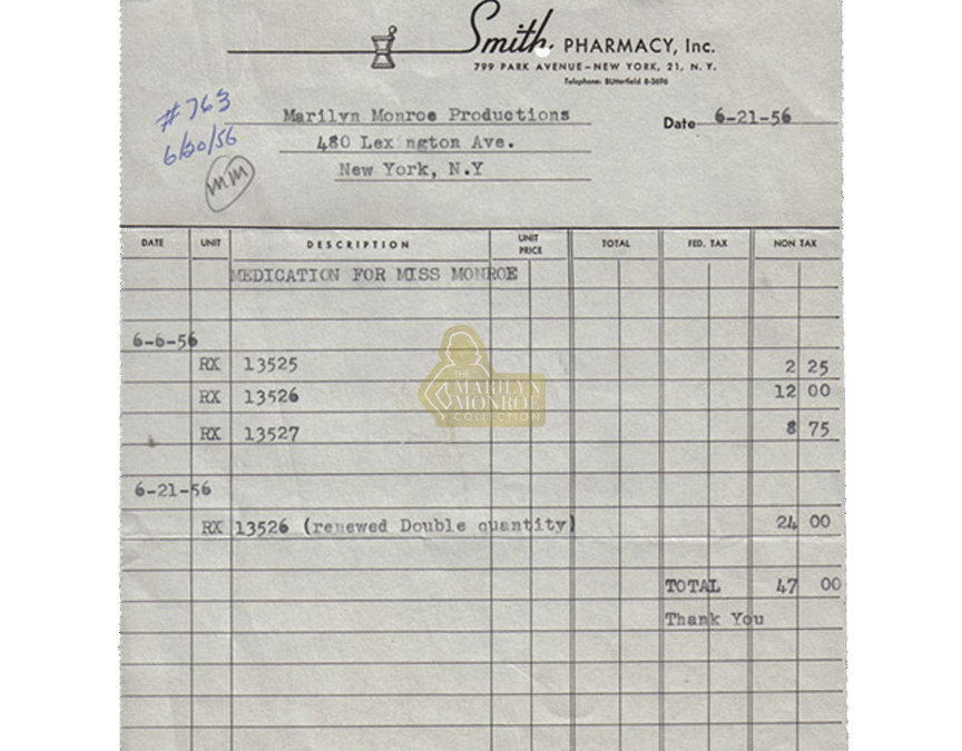 Marilyn Monroe’s Personal Invoice for Prescriptions, 1956