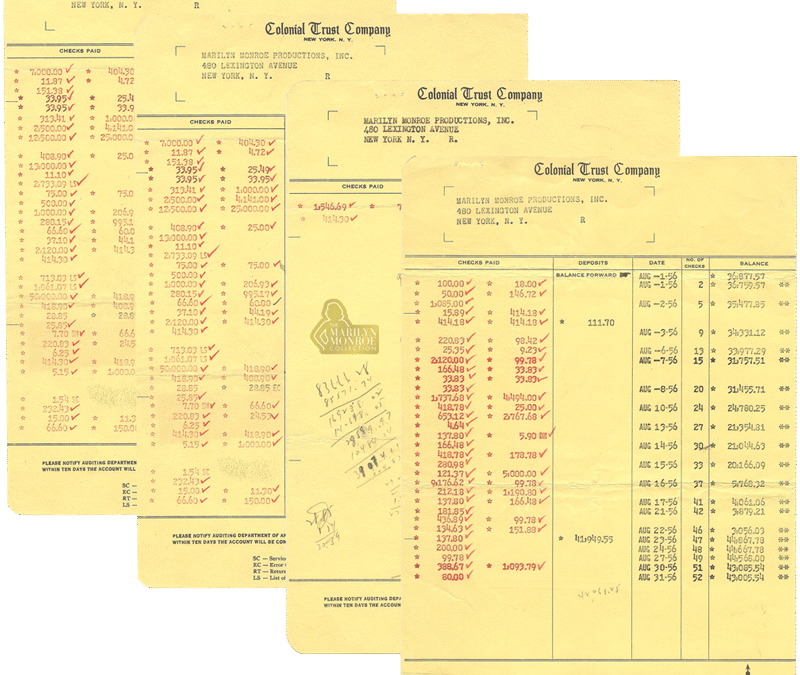 Marilyn Monroe Productions, Inc. Bank Statements, 1956