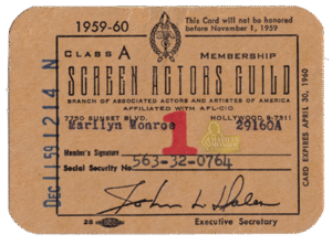 Marilyn Monroe’s Personal Screen Actors Guild Membership Card, 1959-60