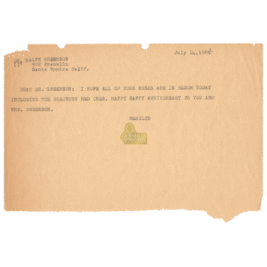 Marilyn Monroe Sender’s Copy of Telegram to Dr Ralph Greenson