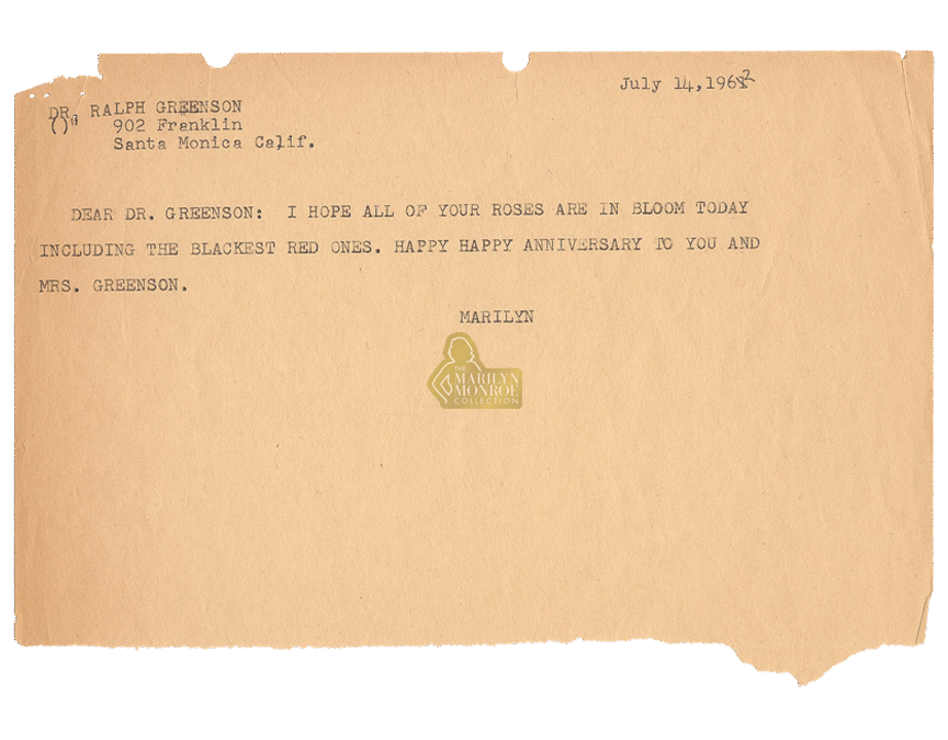 Marilyn Monroe Sender’s Copy of Telegram to Dr Ralph Greenson