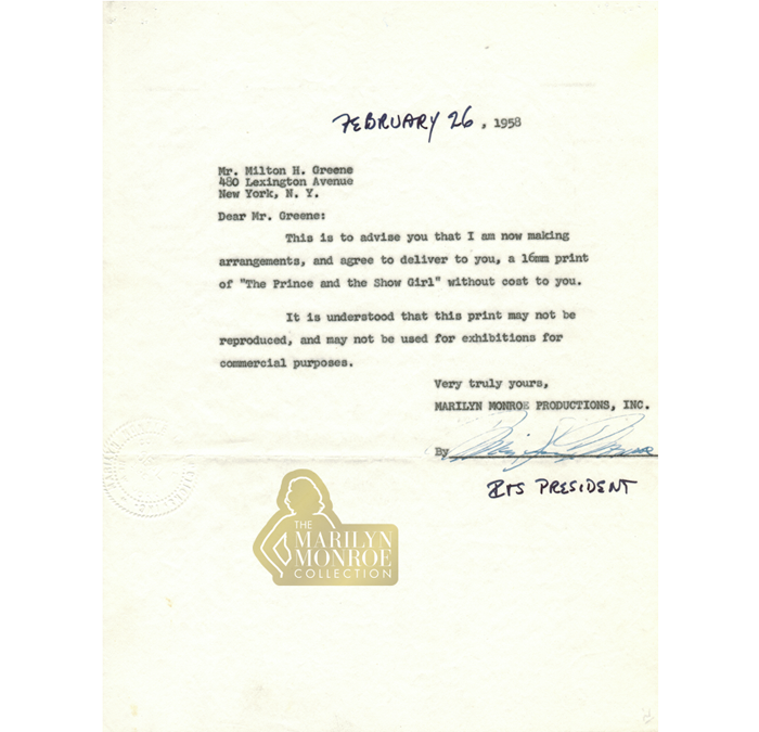 Marilyn Monroe Signed Letter to Milton Greene